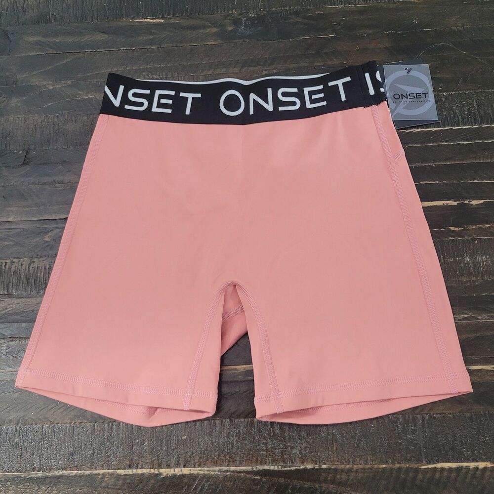 ONSET Women's Pink Athletic Shorts Black Logo Waistband Activewear Medium